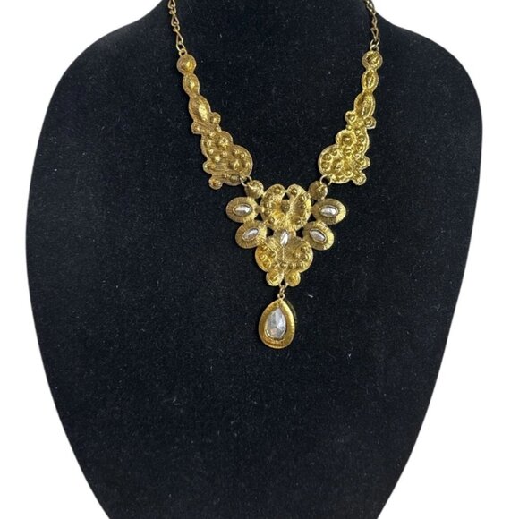 Jewel Tone Statement Bib Necklace Gold Tone Teardrop Pendant Multicolor - Picture 4 of 5